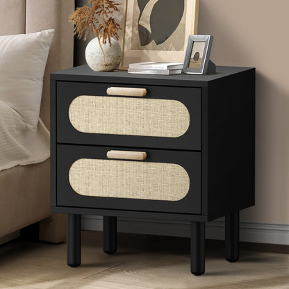 Oikiture Bedside Table 2 Drawers Rattan Black-Bedside Table-PEROZ Accessories
