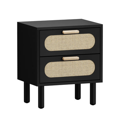 Oikiture Bedside Table 2 Drawers Rattan Black-Bedside Table-PEROZ Accessories
