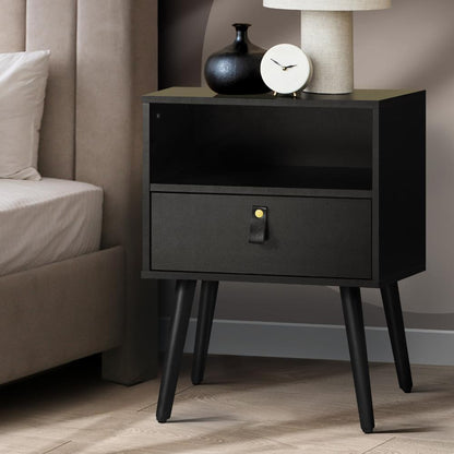 Oikiture Bedside Tables Side Table Drawer Storage Cabinet w/ Leather Handle Black-Bedside Tables-PEROZ Accessories