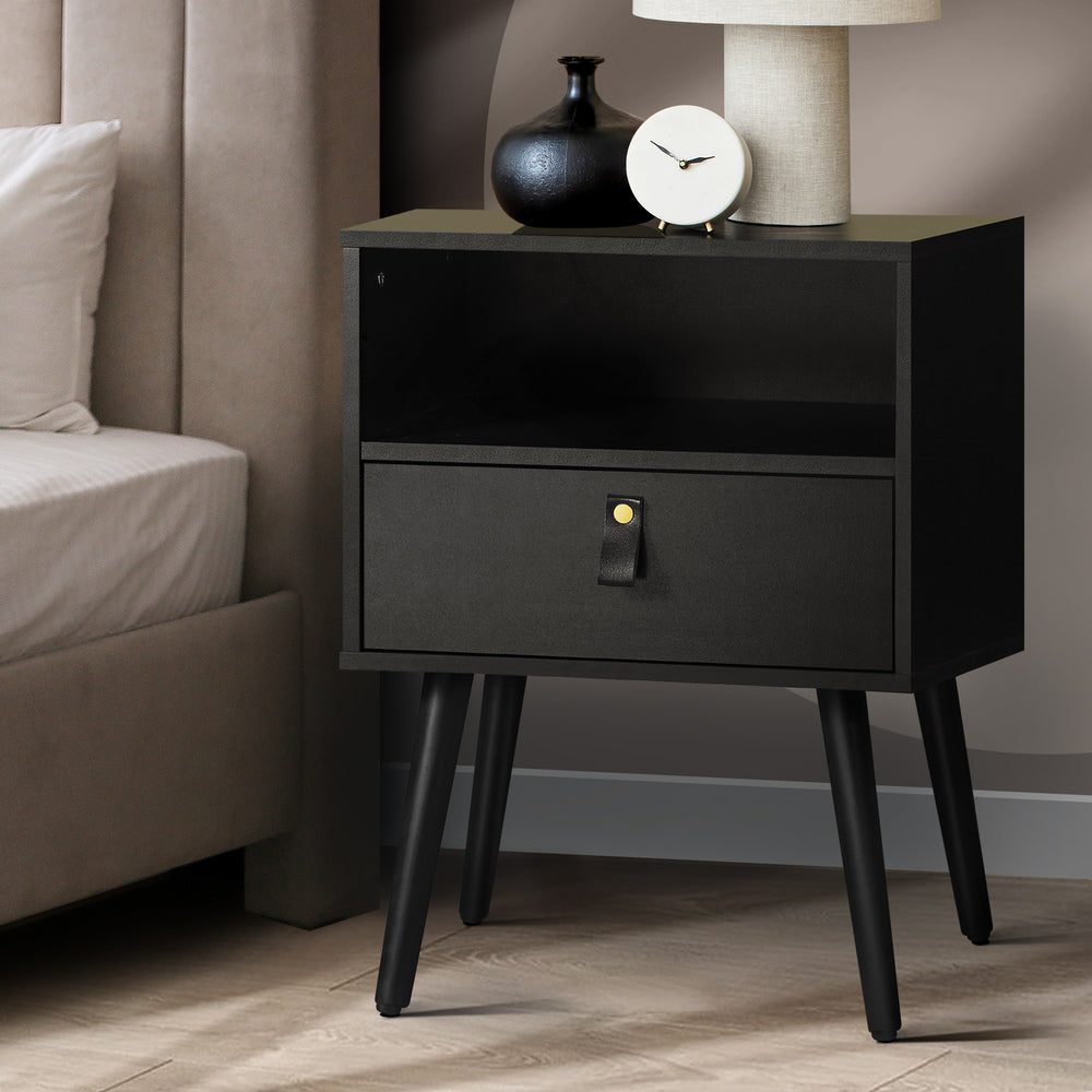Oikiture Bedside Tables Side Table Drawer Storage Cabinet w/ Leather Handle Black-Bedside Tables-PEROZ Accessories