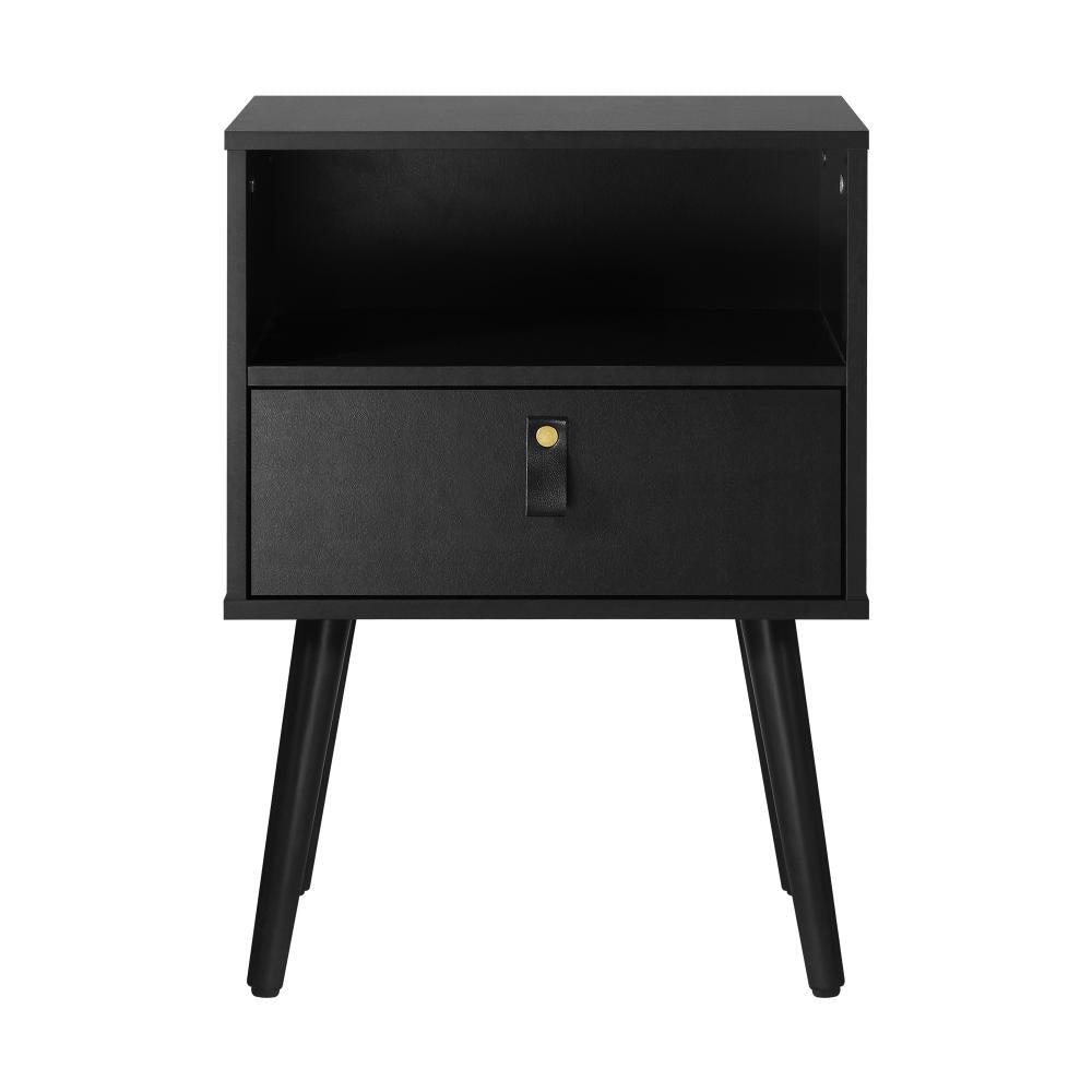 Oikiture Bedside Tables Side Table Drawer Storage Cabinet w/ Leather Handle Black-Bedside Tables-PEROZ Accessories