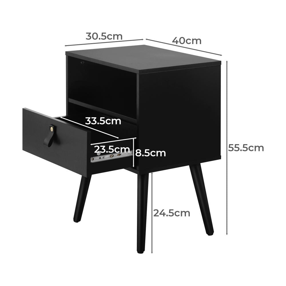 Oikiture Bedside Tables Side Table Drawer Storage Cabinet w/ Leather Handle Black-Bedside Tables-PEROZ Accessories