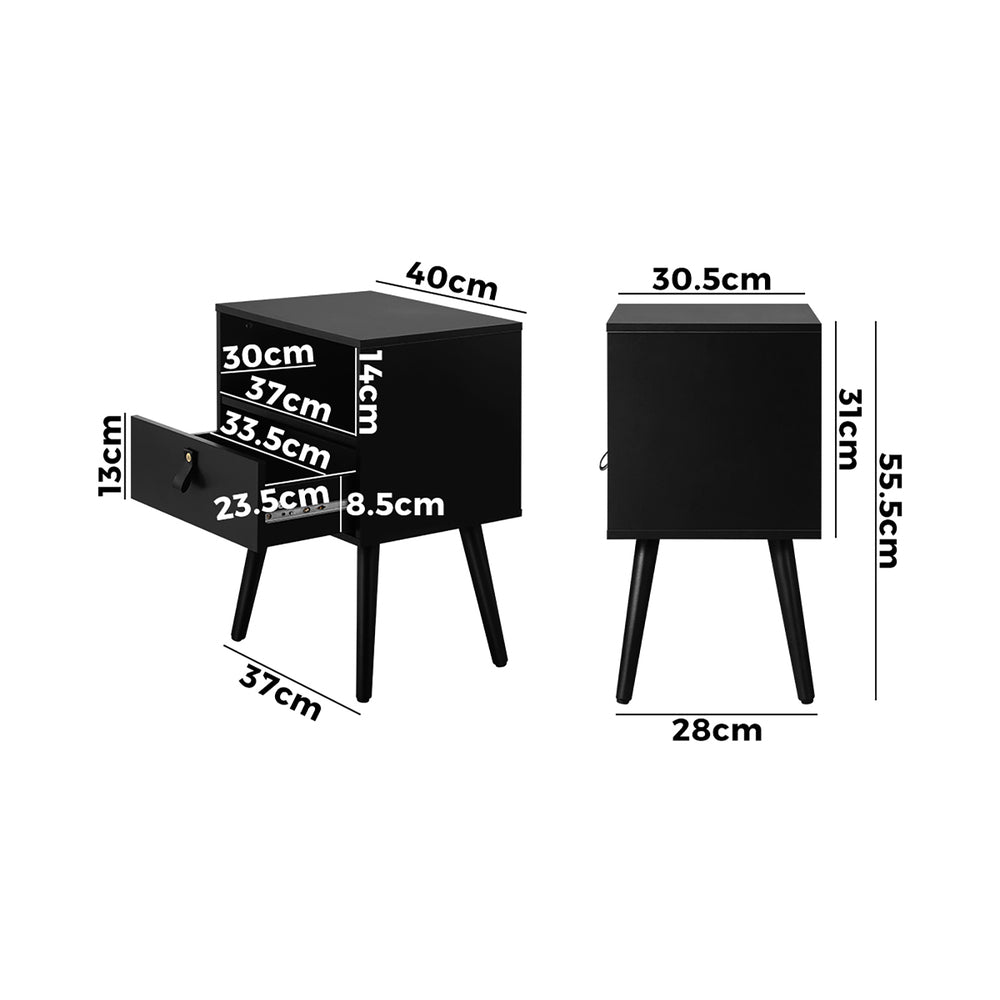 Oikiture Bedside Tables Side Table Drawer Storage Cabinet w/ Leather Handle Black-Bedside Tables-PEROZ Accessories