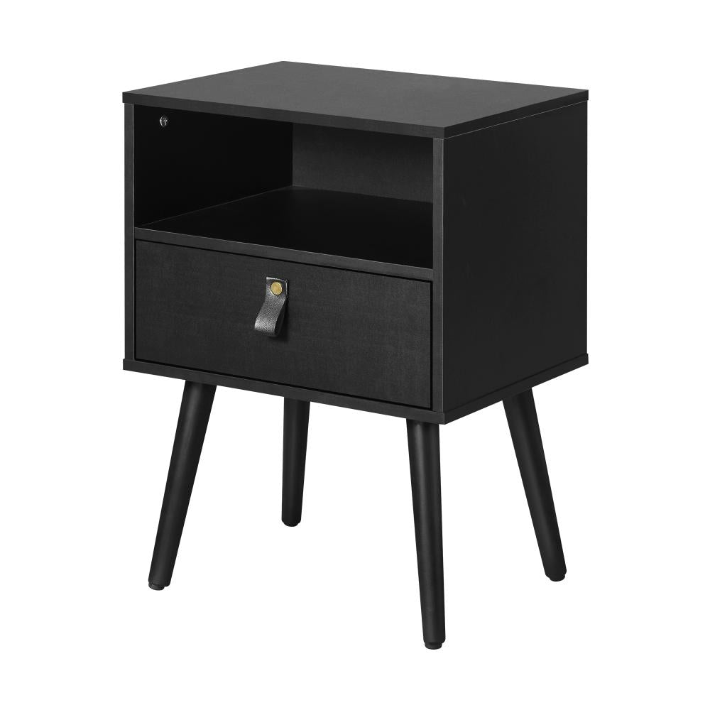 Oikiture Bedside Tables Side Table Drawer Storage Cabinet w/ Leather Handle Black-Bedside Tables-PEROZ Accessories