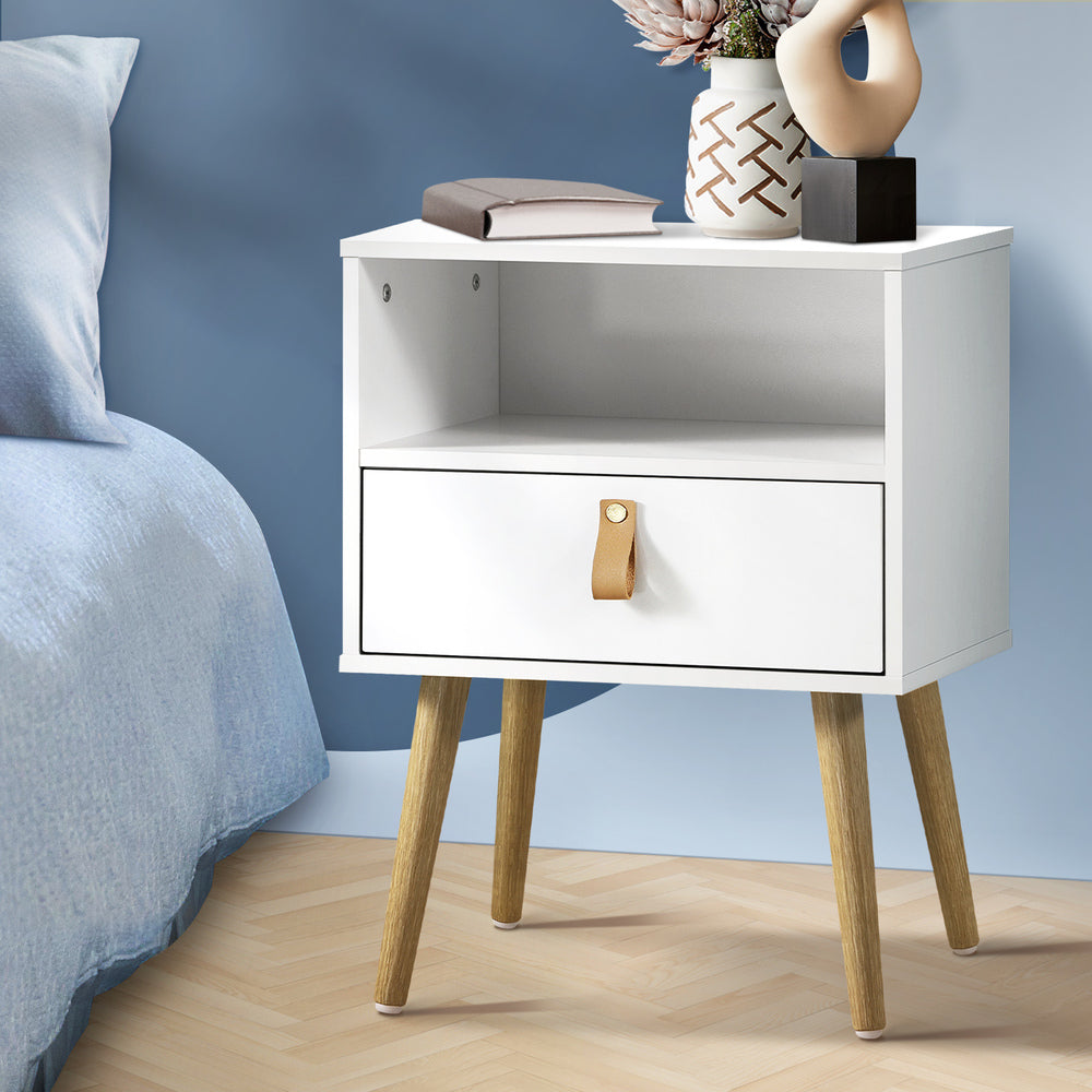 Oikiture Bedside Tables Side Table Drawer Cabinet w/ Leather Handle White-Bedside Tables-PEROZ Accessories