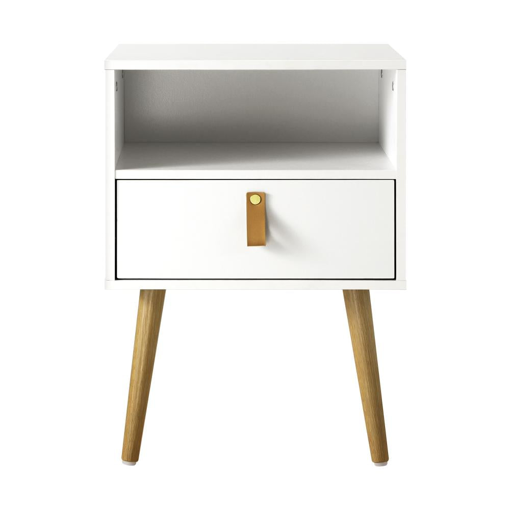 Oikiture Bedside Tables Side Table Drawer Cabinet w/ Leather Handle White-Bedside Tables-PEROZ Accessories