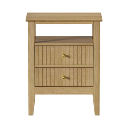 Oikiture Bedside Table 2 Drawers Open Shelf Nightstand Natural-Bedside Tables-PEROZ Accessories