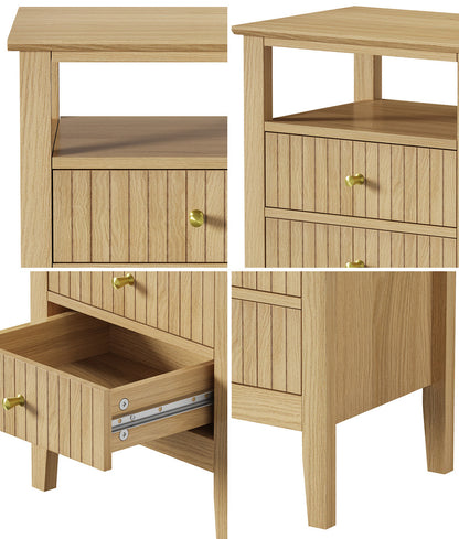 Oikiture Bedside Table 2 Drawers Open Shelf Nightstand Natural-Bedside Tables-PEROZ Accessories