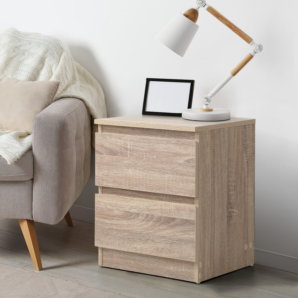 Oikiture Bedside Table Nightstand 2 Drawers Natural-Bedside Table-PEROZ Accessories