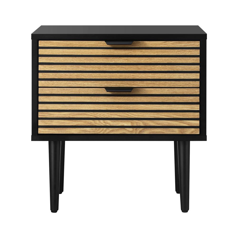 Oikiture 2PCS Bedside Table 2 Drawers Black&amp;Wooden-BedSide Tabless-PEROZ Accessories