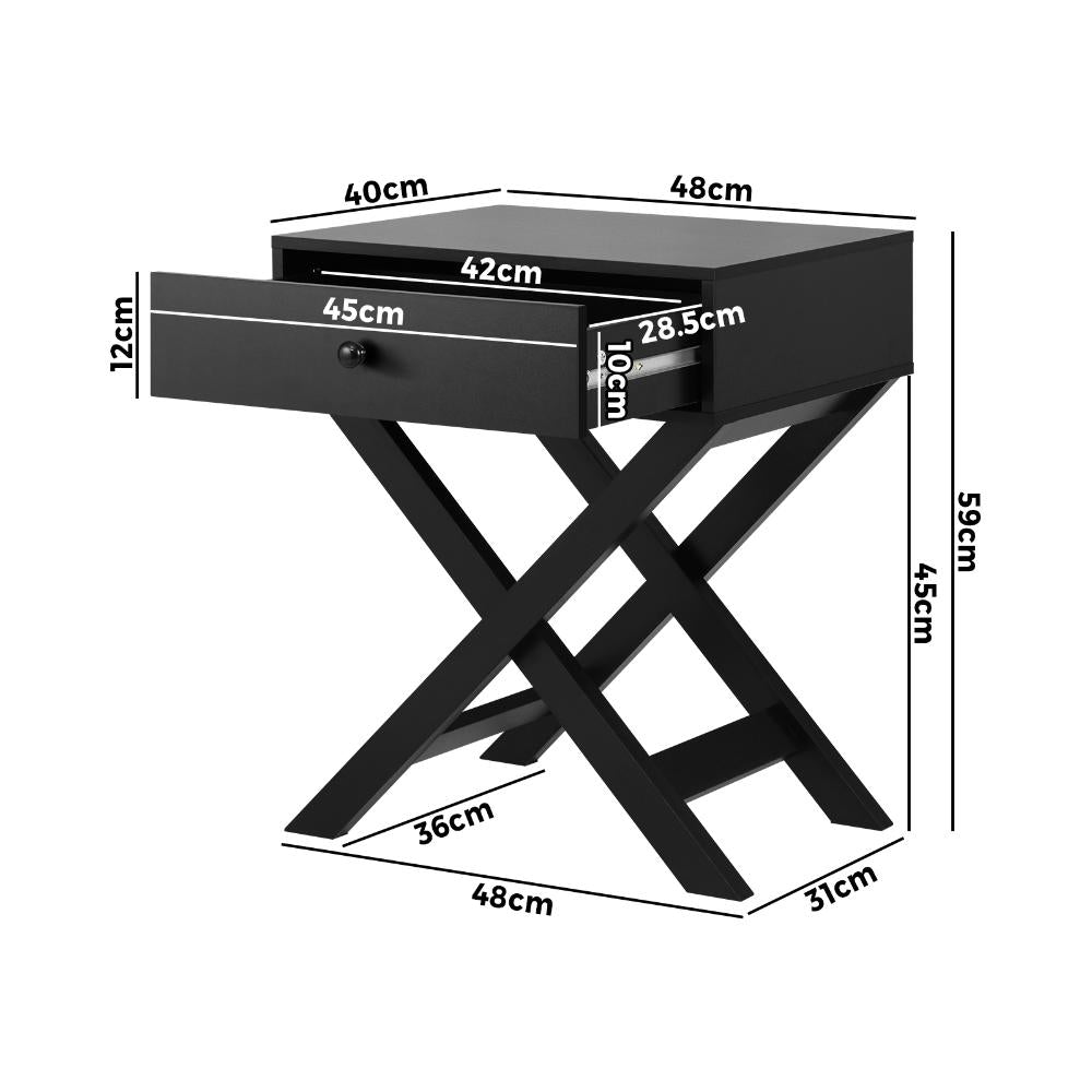 Oikiture Bedside Table with Wooden Frame and Cross Base Side Table Nightstand Black-Bedside Tables-PEROZ Accessories