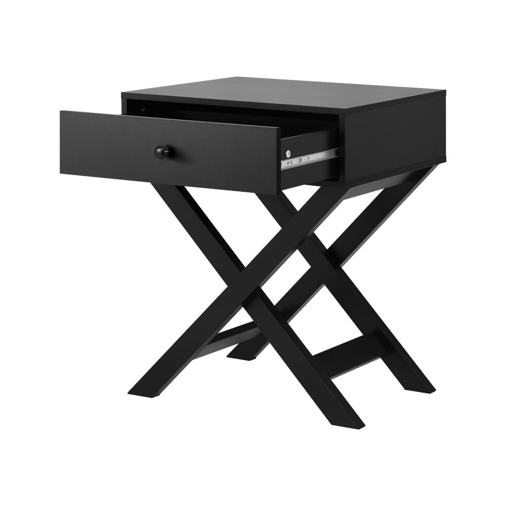 Oikiture Bedside Table with Wooden Frame and Cross Base Side Table Nightstand Black-Bedside Tables-PEROZ Accessories