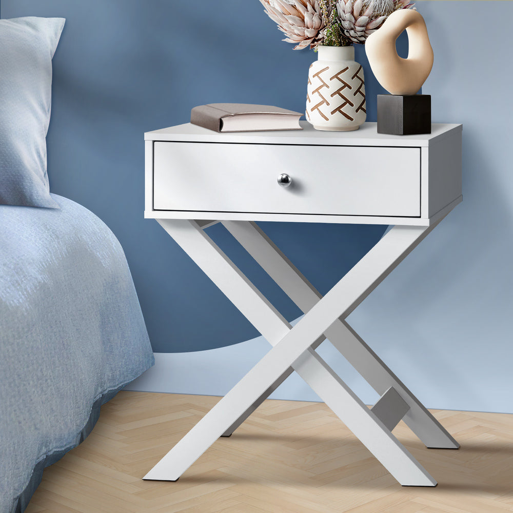 Oikiture Bedside Table with Wooden Frame and Cross Base Side Table Nightstand White-Bedside Tables-PEROZ Accessories