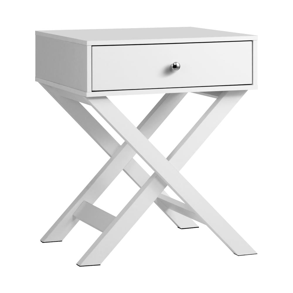 Oikiture Bedside Table with Wooden Frame and Cross Base Side Table Nightstand White-Bedside Tables-PEROZ Accessories