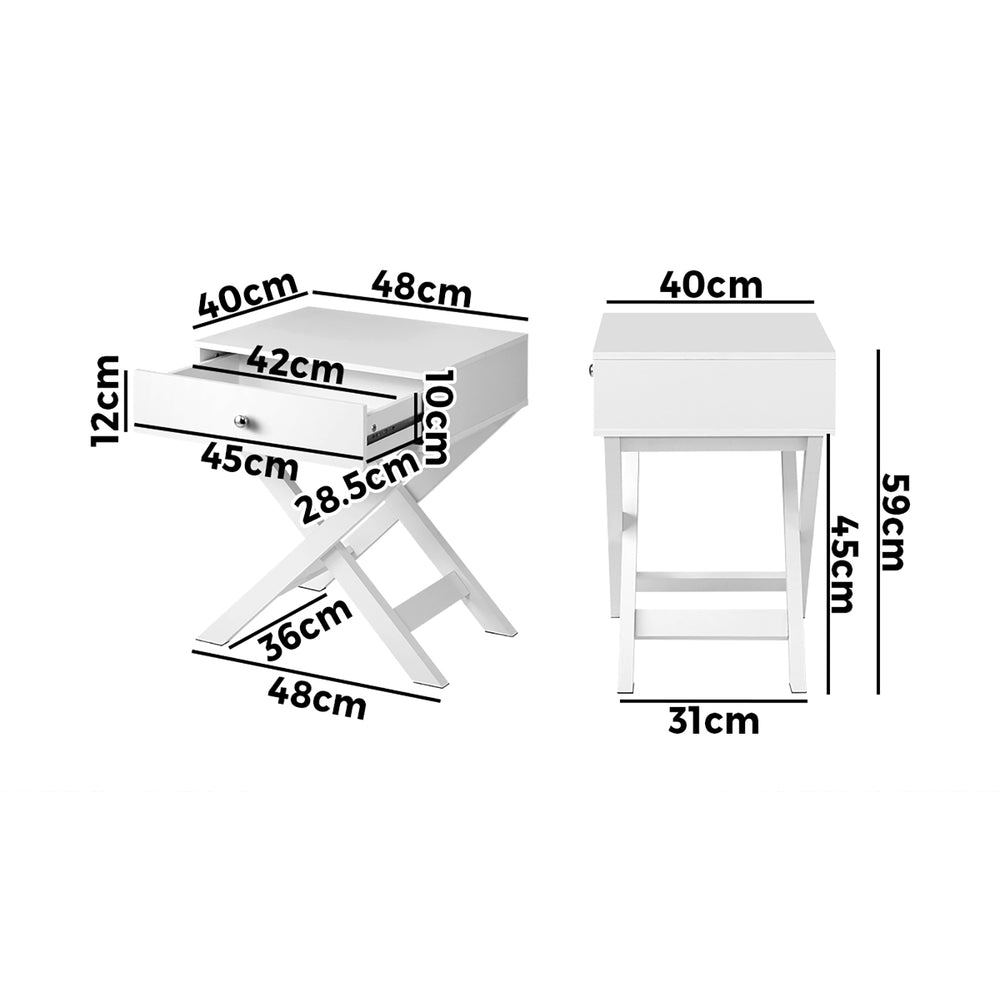 Oikiture Bedside Table with Wooden Frame and Cross Base Side Table Nightstand White-Bedside Tables-PEROZ Accessories