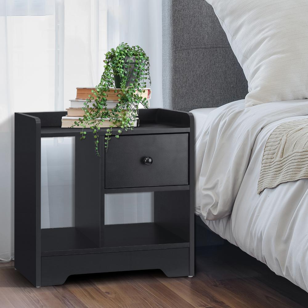 Oikiture Bedside Table with Drawer and Storage Space Side Table Nightstand Home Bedroom Furniture Black-Bedside Tables-PEROZ Accessories