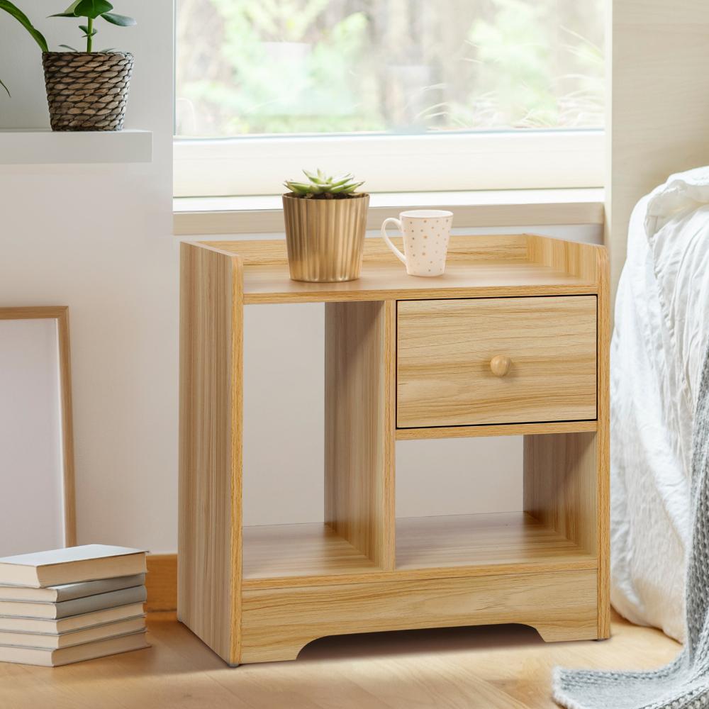 Oikiture Bedside Table with Drawer and Storage Space Side Table Nightstand Home Bedroom Furniture Wooden-Bedside Tables-PEROZ Accessories