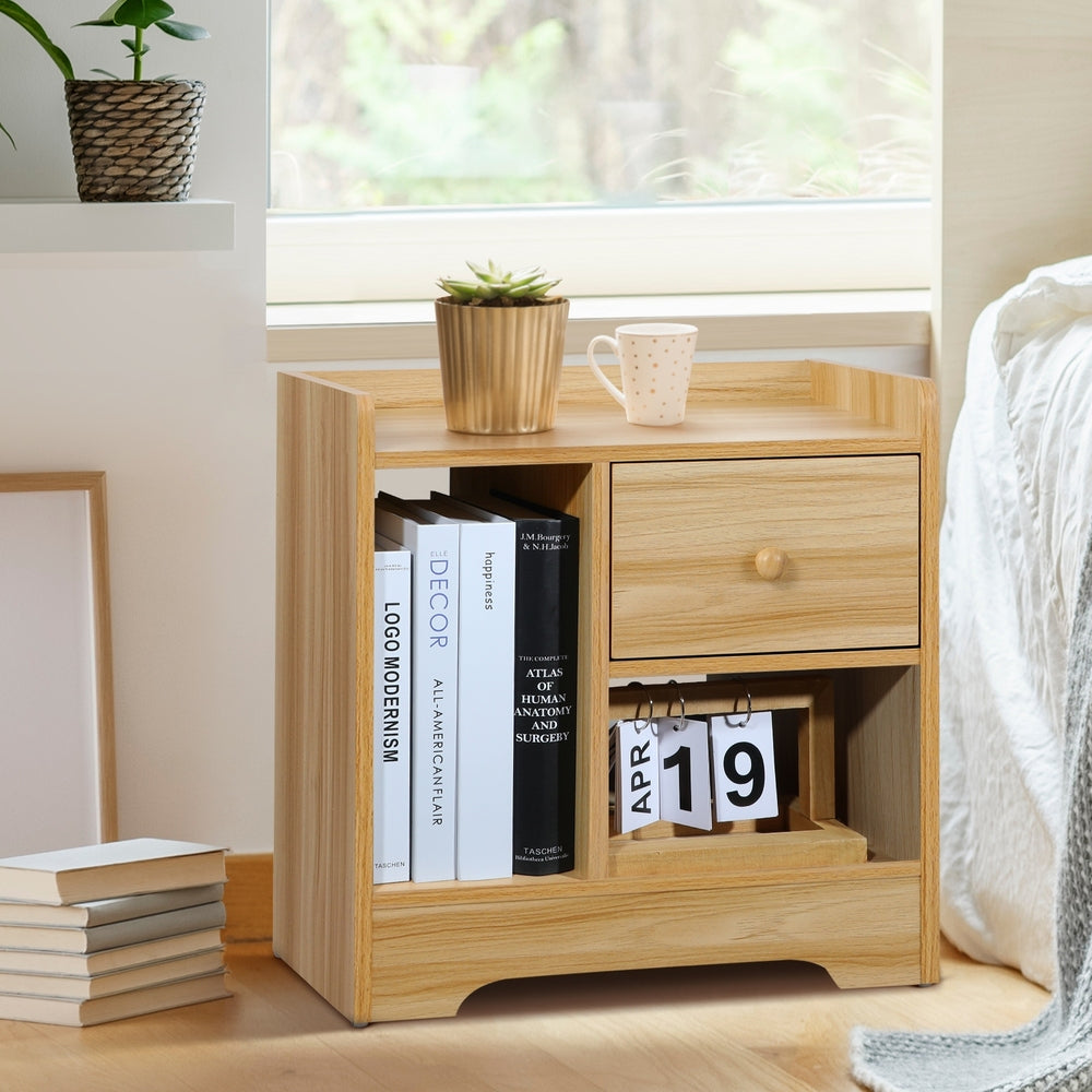Oikiture Bedside Table with Drawer and Storage Space Side Table Nightstand Home Bedroom Furniture Wooden-Bedside Tables-PEROZ Accessories