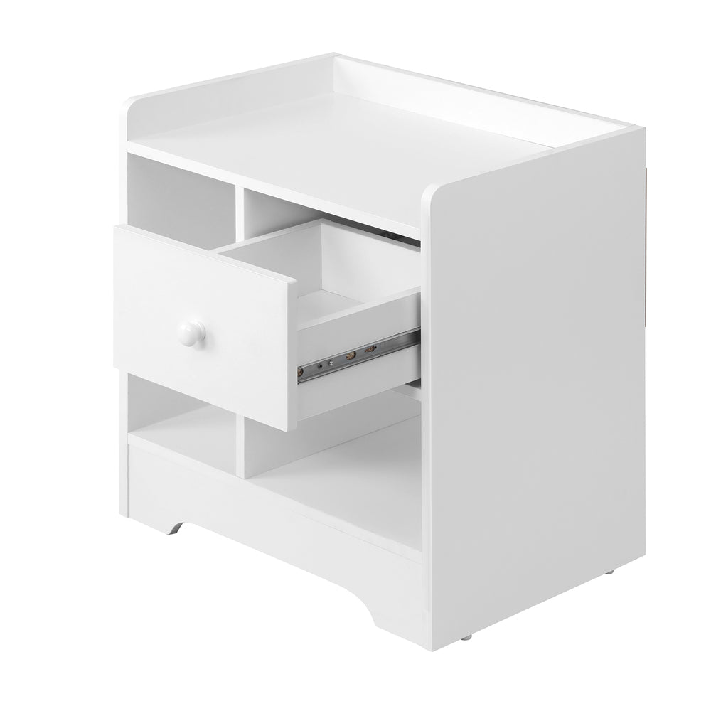 Oikiture Bedside Table with Drawer and Storage Space Side Table Nightstand Home Bedroom Furniture White-Bedside Tables-PEROZ Accessories
