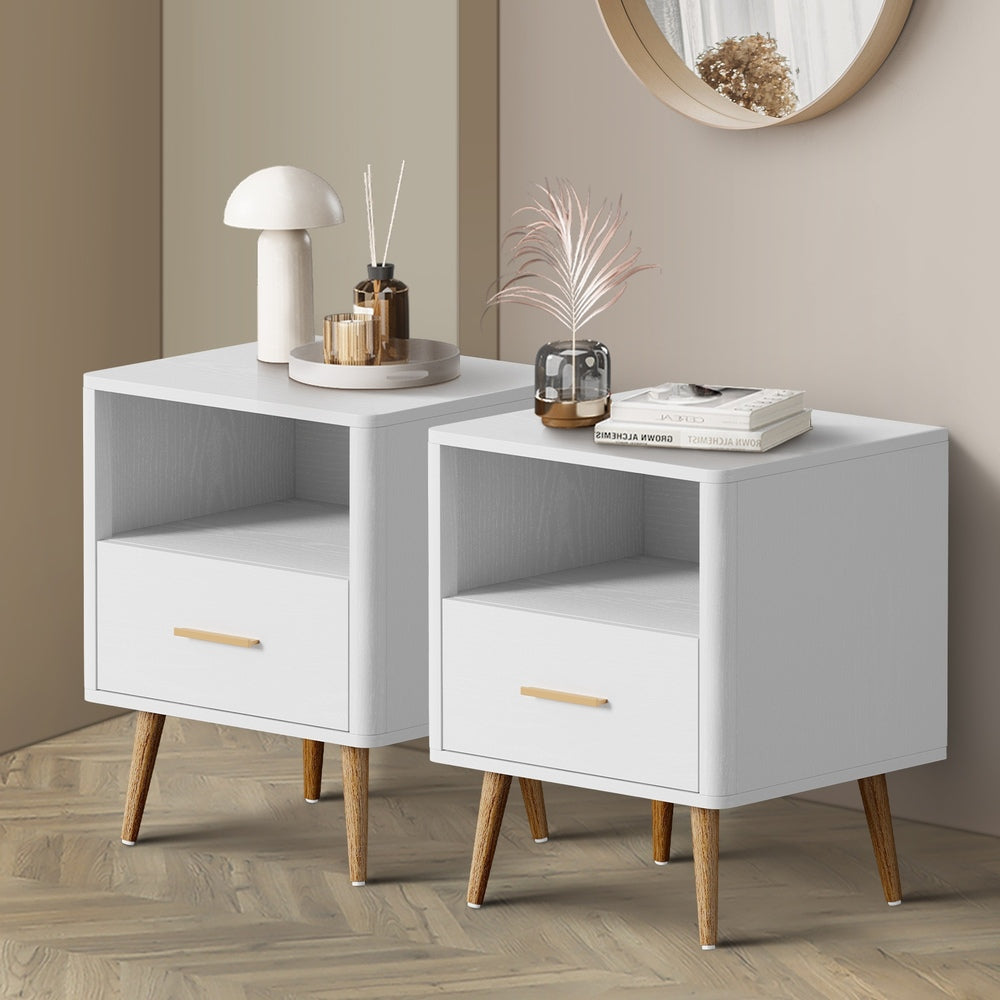 Oikiture 2x Bedside Table 1 Drawer Open Shelf Nightstand White-Bedside Table-PEROZ Accessories