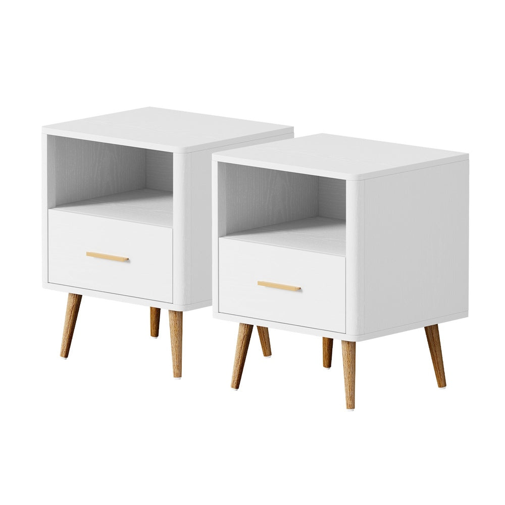 Oikiture 2x Bedside Table 1 Drawer Open Shelf Nightstand White-Bedside Table-PEROZ Accessories