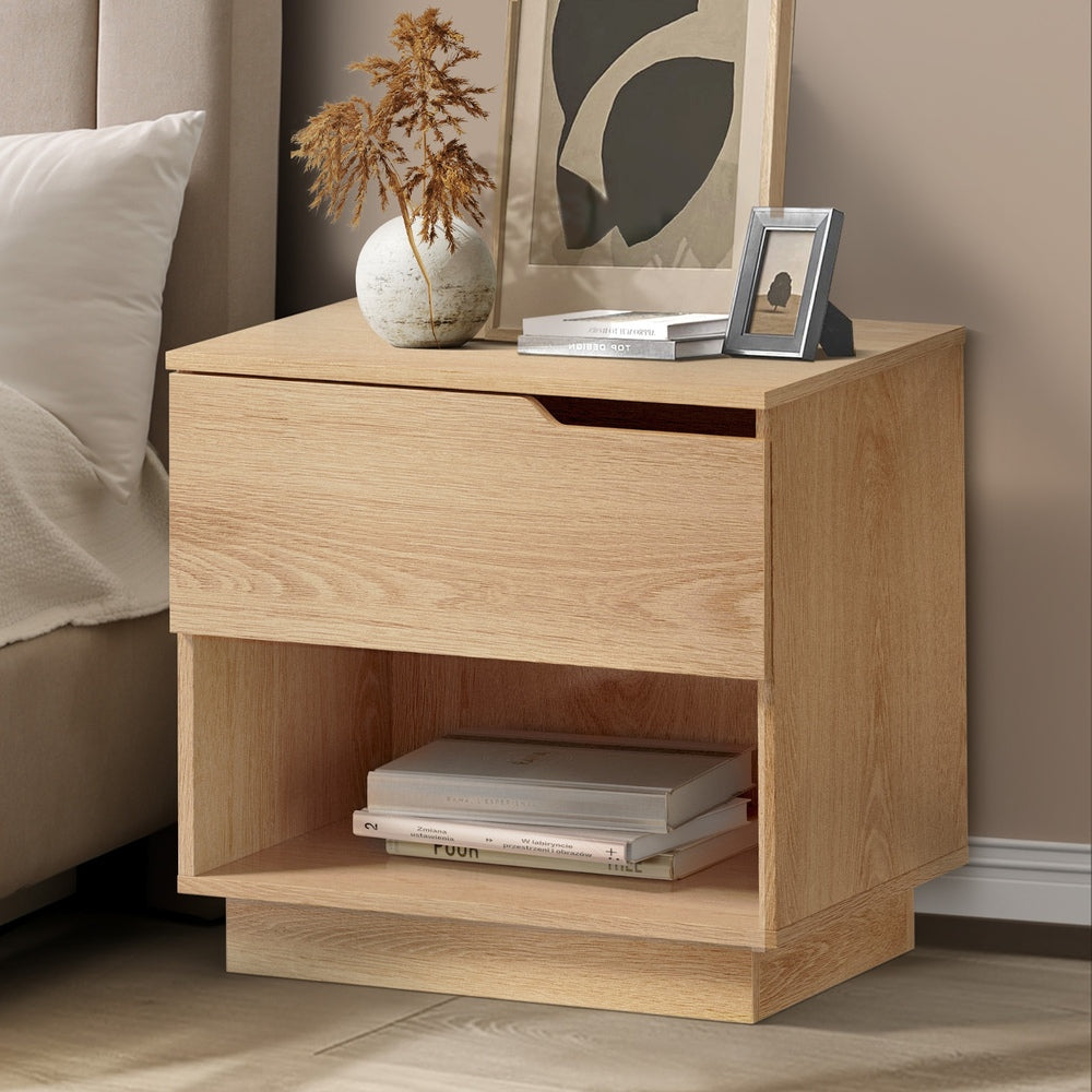 Oikiture Bedside Table 1 Drawer Storage Nightstand Cabinet Natural-Bedside Table-PEROZ Accessories