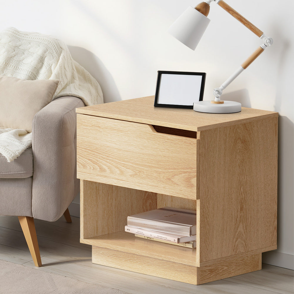 Oikiture Bedside Table 1 Drawer Storage Nightstand Cabinet Natural-Bedside Table-PEROZ Accessories