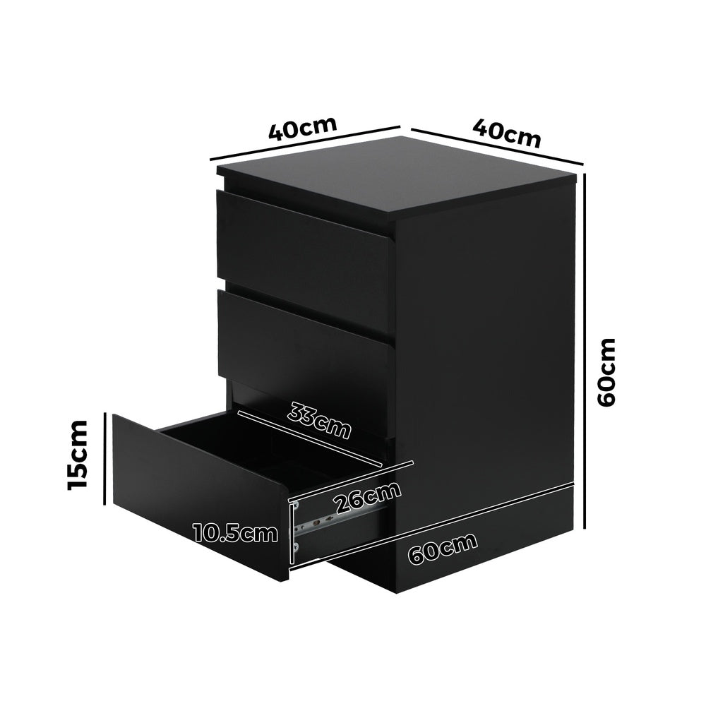 Oikiture Bedside Table 3 Drawers Storage Cabinet Black-Bedside Table-PEROZ Accessories