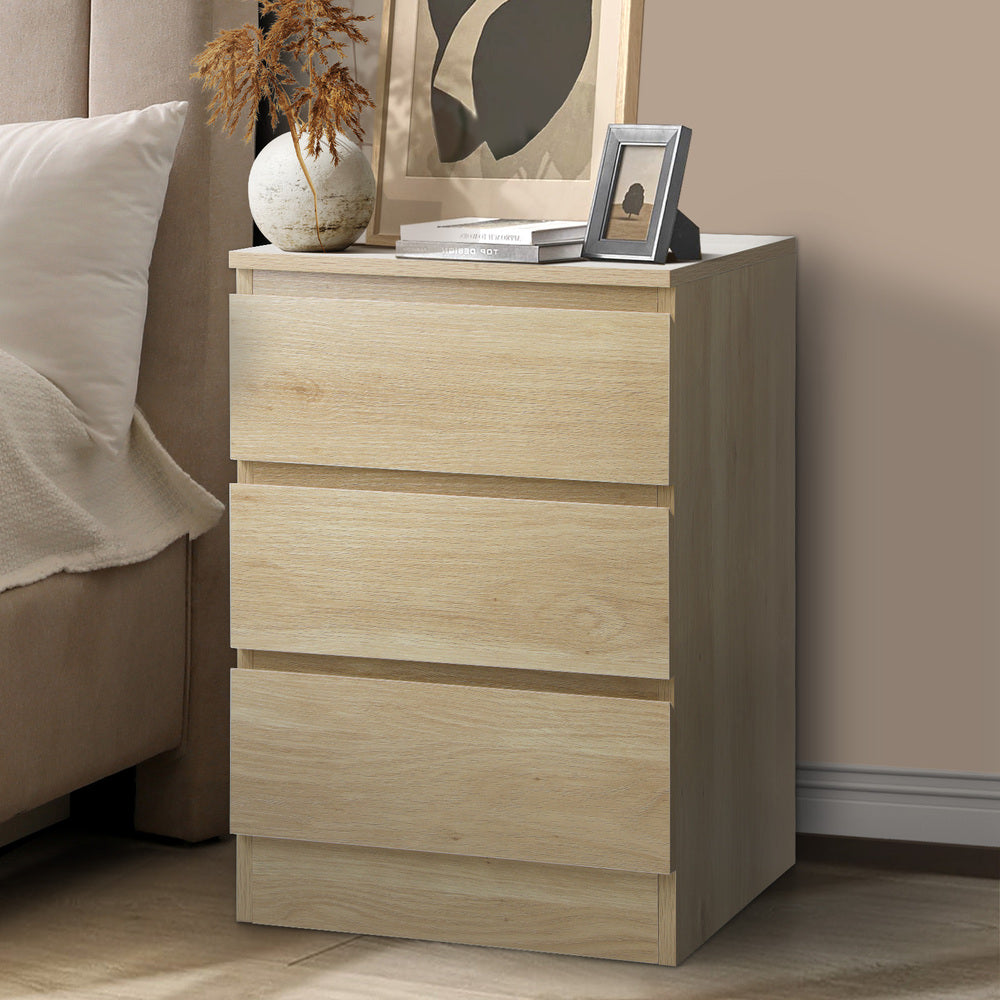 Oikiture Bedside Table 3 Drawers Storage Cabinet Natural-Bedside Table-PEROZ Accessories