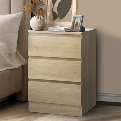 Oikiture Bedside Table 3 Drawers Storage Cabinet Natural-Bedside Table-PEROZ Accessories