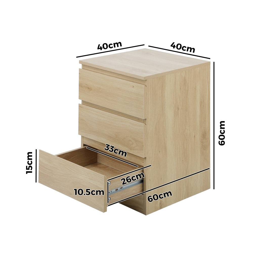 Oikiture Bedside Table 3 Drawers Storage Cabinet Natural-Bedside Table-PEROZ Accessories