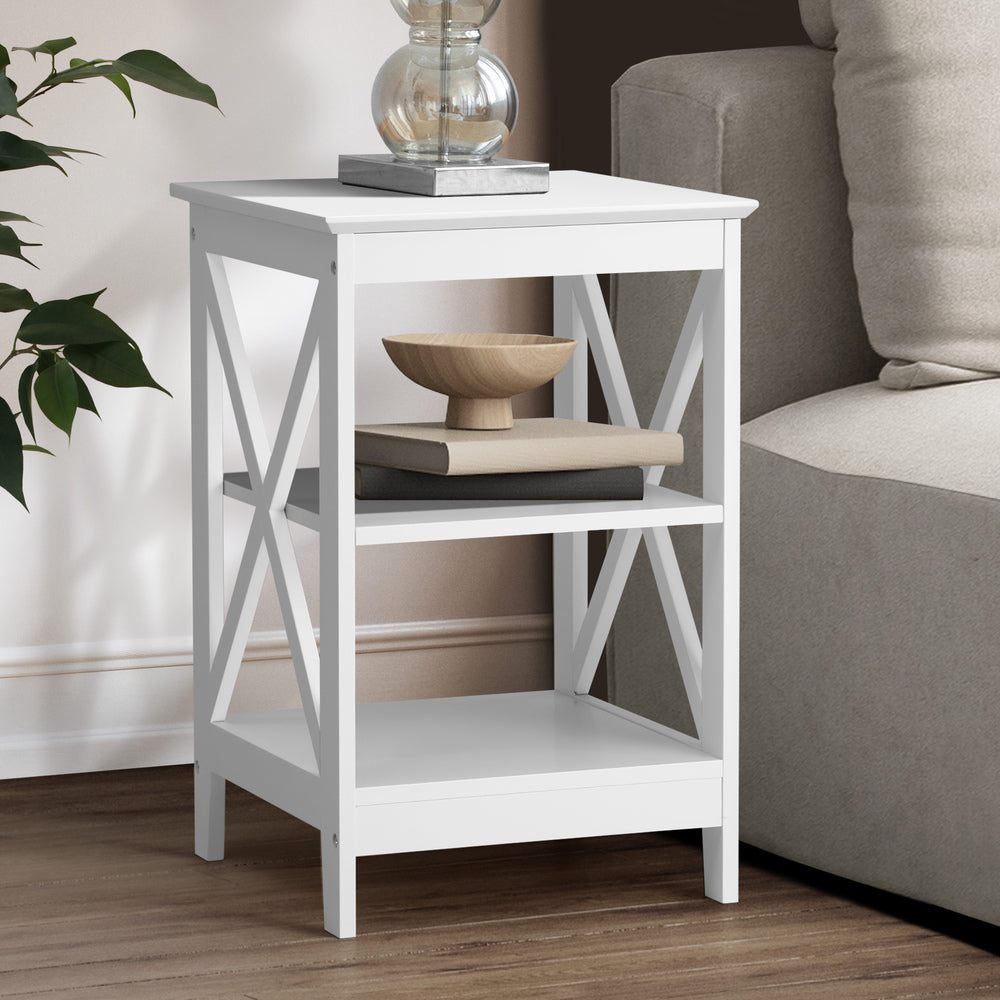 Oikiture Side Table 3-tier Shelf X-Structured Sides White-Side Tables-PEROZ Accessories