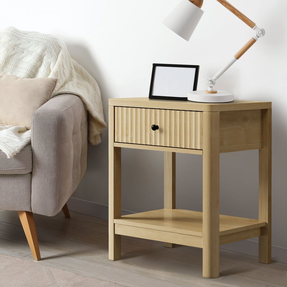 Oikiture Bedside Table 1 Drawer Open Shelf Side End Table Natural-Bedside Table-PEROZ Accessories