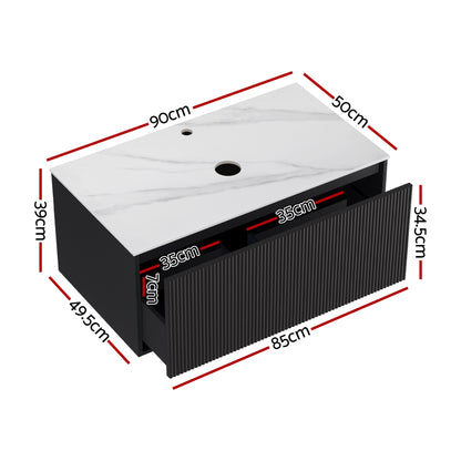 Cefito Vanity Unit 900mm Bathroom Cabinet Storage Wall Hung Grooved Timber Black-Furniture &gt; Bathroom &gt; Vanity Units-PEROZ Accessories