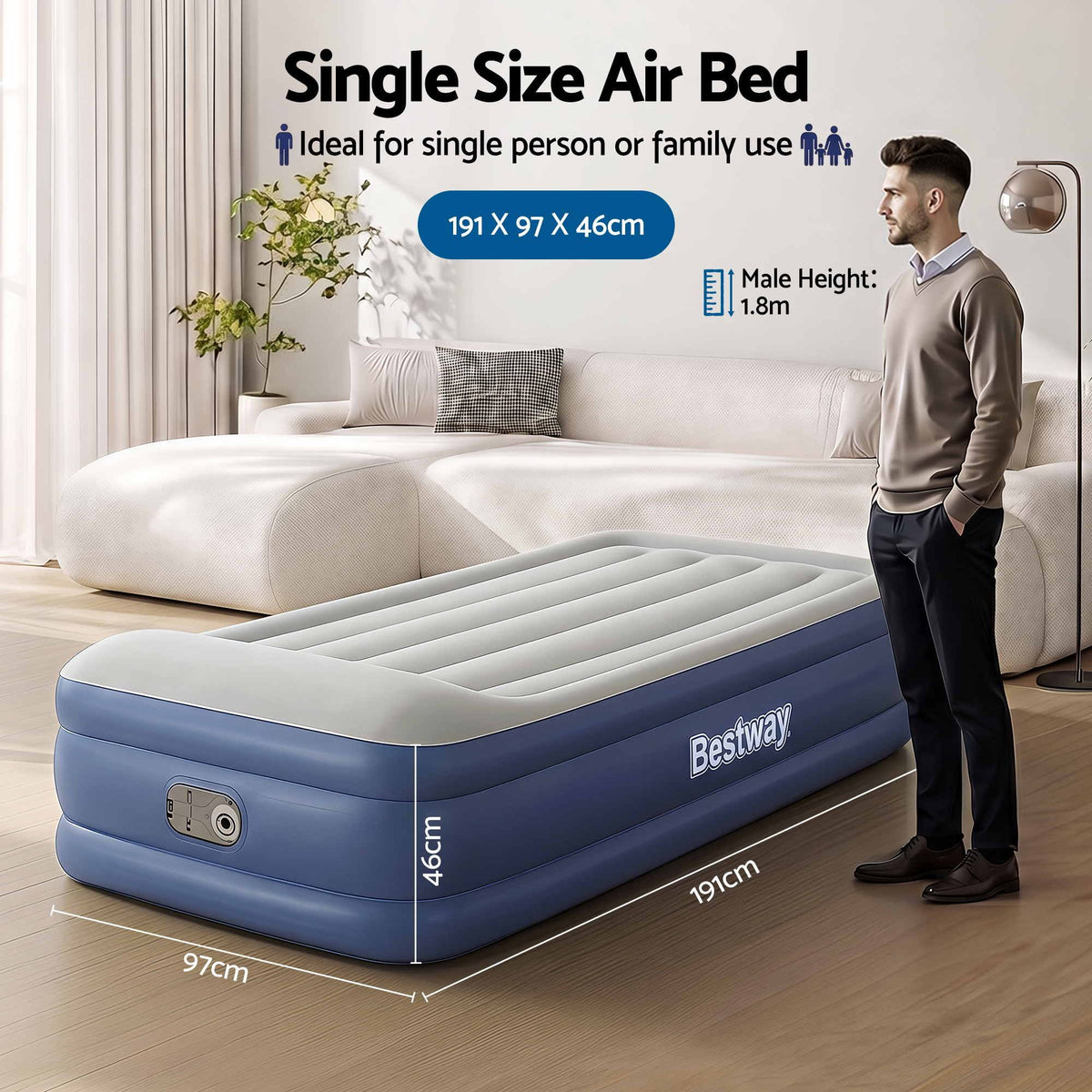 Bestway Air Mattress Inflatable Bed 46cm Airbed Single Blue-Home &amp; Garden > Inflatable Mattress-PEROZ Accessories