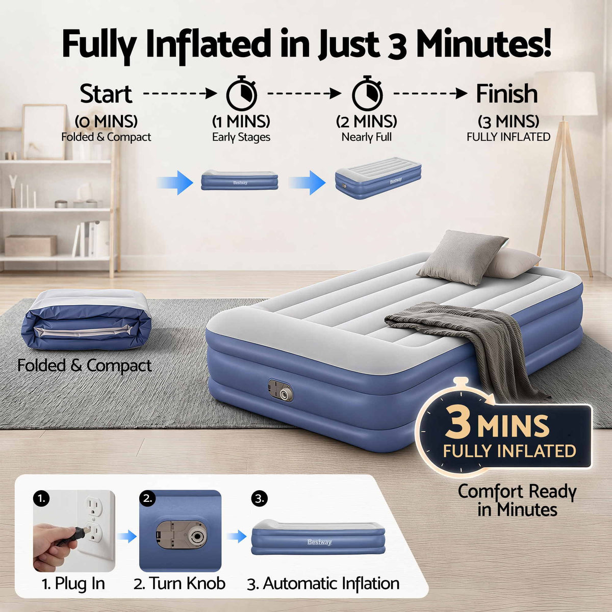 Bestway Air Mattress Inflatable Bed 46cm Airbed Single Blue-Home &amp; Garden > Inflatable Mattress-PEROZ Accessories