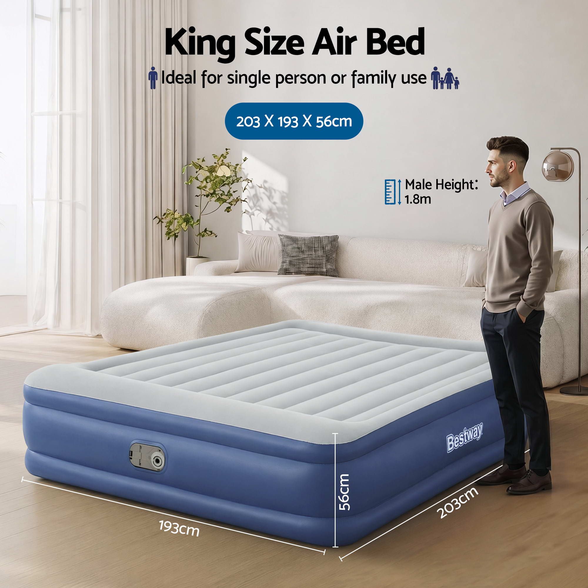 Bestway Air Mattress King Inflatable Bed 56cm Airbed Blue-Home &amp; Garden > Inflatable Mattress-PEROZ Accessories