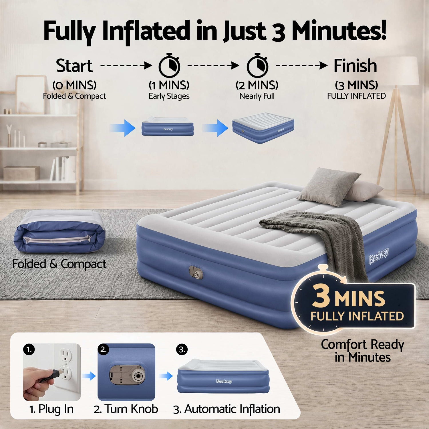 Bestway Air Mattress King Inflatable Bed 56cm Airbed Blue-Home &amp; Garden > Inflatable Mattress-PEROZ Accessories