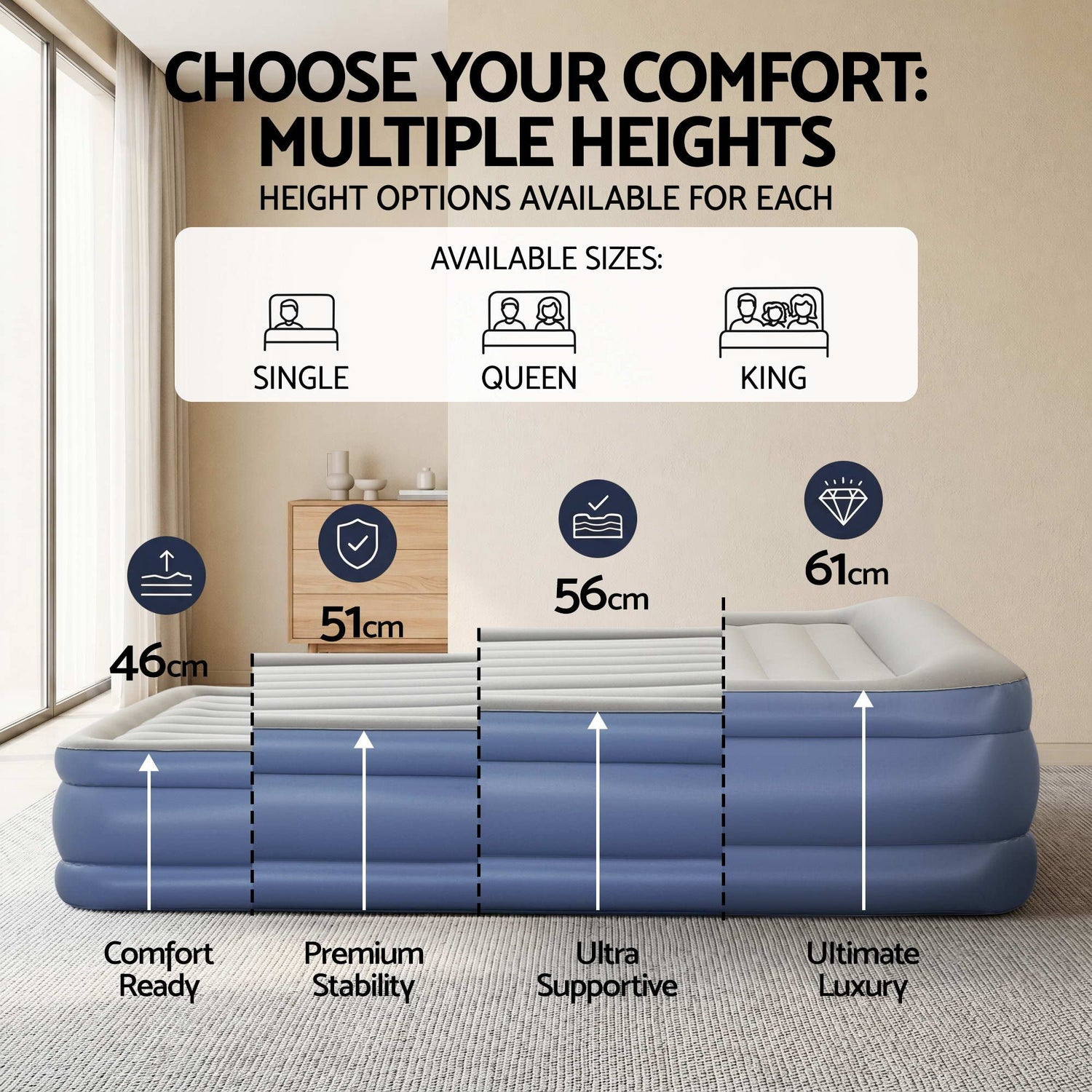 Bestway Air Mattress King Inflatable Bed 56cm Airbed Blue-Home &amp; Garden > Inflatable Mattress-PEROZ Accessories