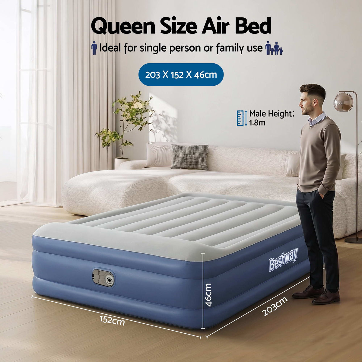 Bestway Air Mattress Queen Inflatable Bed 46cm Airbed Blue-Home &amp; Garden > Inflatable Mattress-PEROZ Accessories