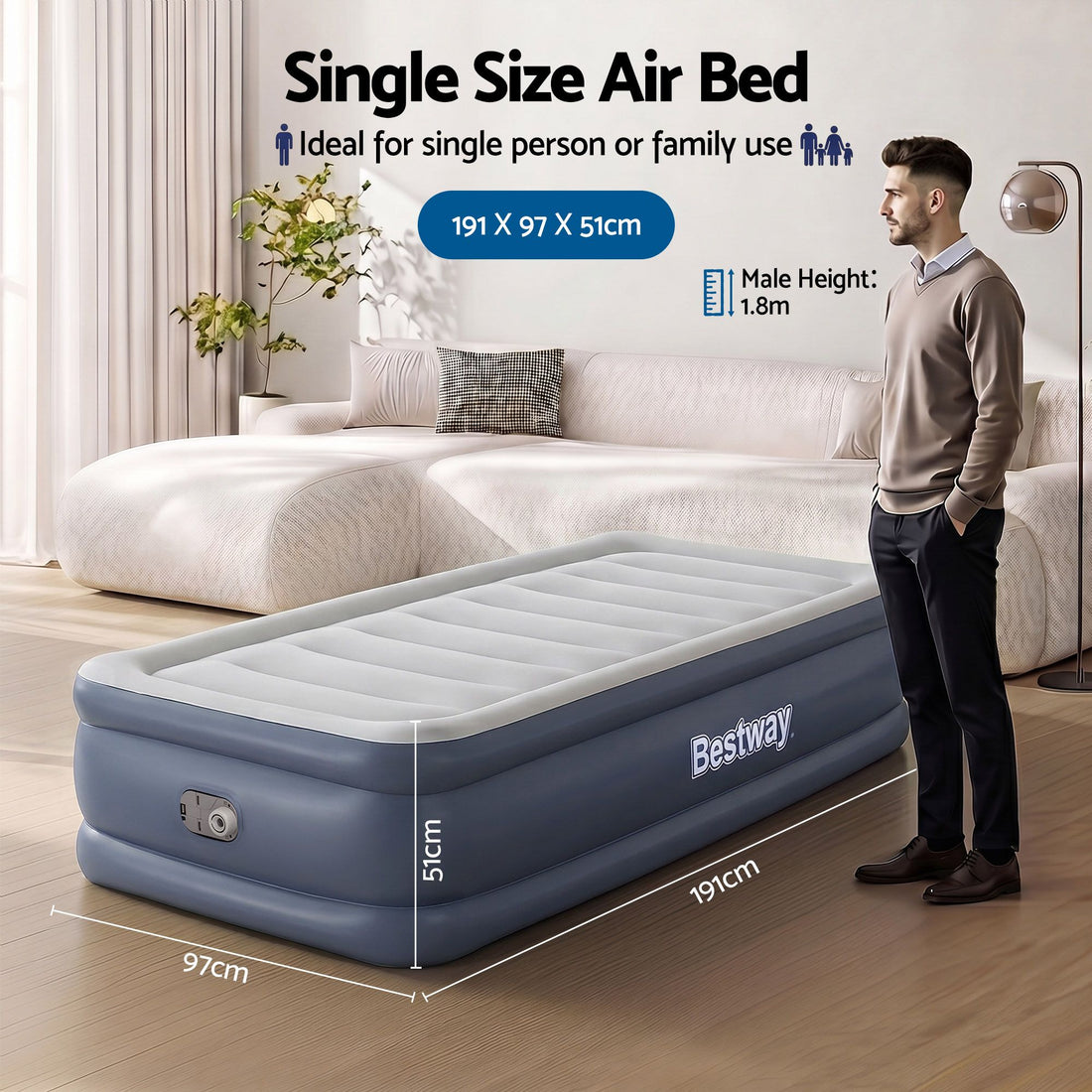 Bestway Mattress Air Bed Single Size 51CM Inflatable Camping Beds Home Outdoor-Mattresses-PEROZ Accessories