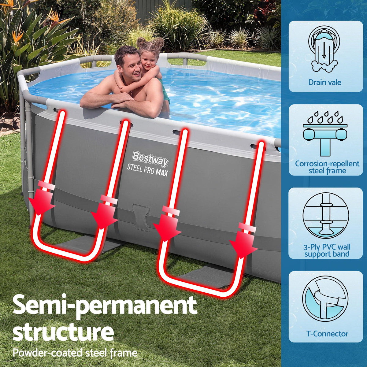 Bestway Swimming Pools 305cm x 200cm x 84cm Steel Above Ground Backyard Pool Set-Home &amp; Garden > Pool &amp; Accessories > Swimming Pools-PEROZ Accessories