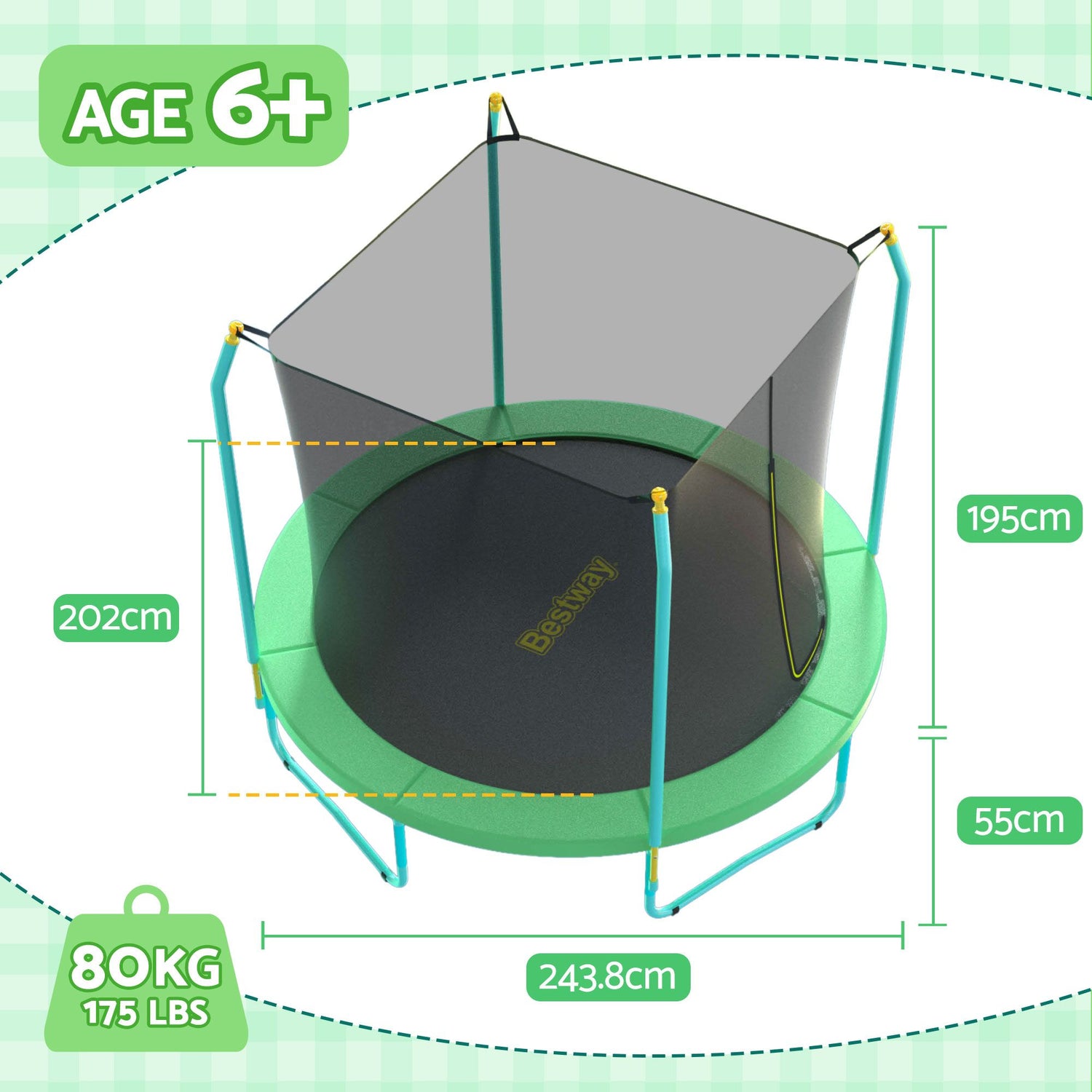 Bestway 8ft Trampoline Kids Rebounder Safety Net Enclosure Outdoor Fitness 2.44m for Ages 6+