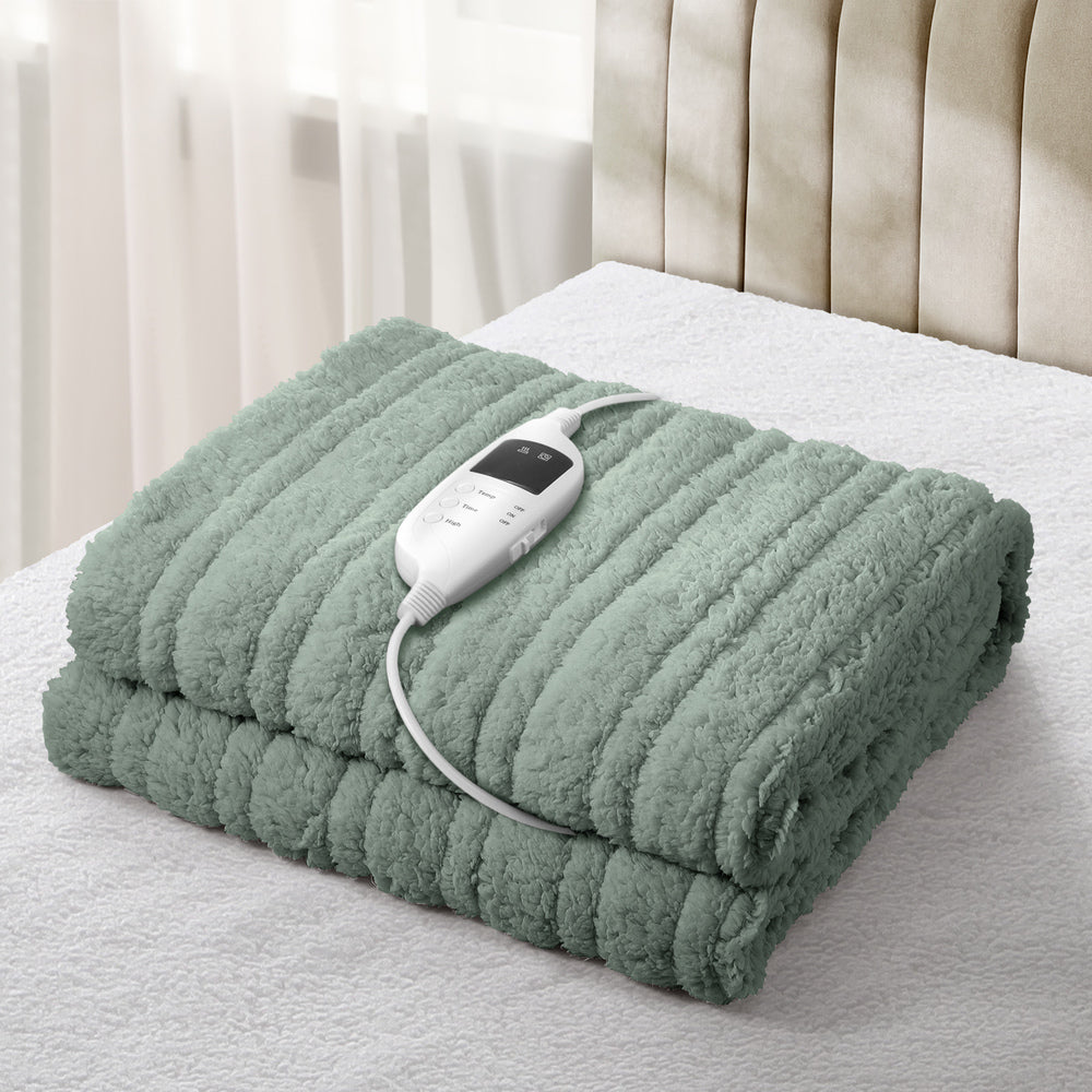 Bedra Electric Heated Blanket Washable Throw Rug Sherpa Coral Fleece Green-Heated Throw Rug-PEROZ Accessories