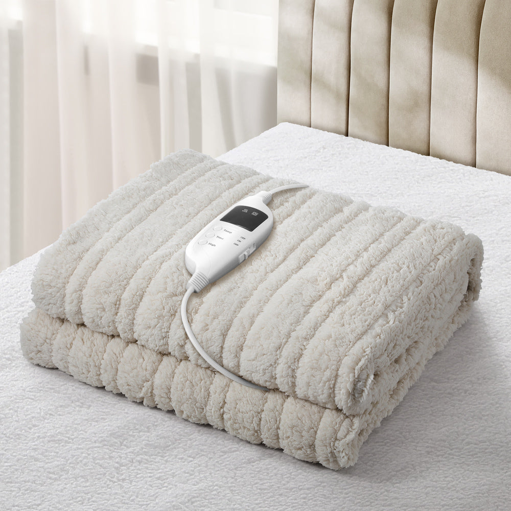 Bedra Electric Heated Blanket Washable Throw Rug Sherpa Coral Fleece Navy Beige-Heated Throw Rug-PEROZ Accessories