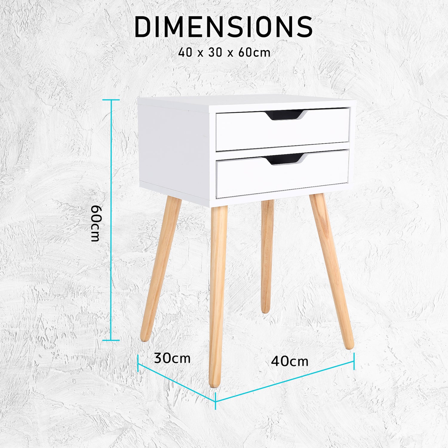 Bedside Table 2 Drawer Wood Leg Storage Cabinet Nightstand SUZY WHITE-Furniture > Bedroom > Bedside Tables-PEROZ Accessories