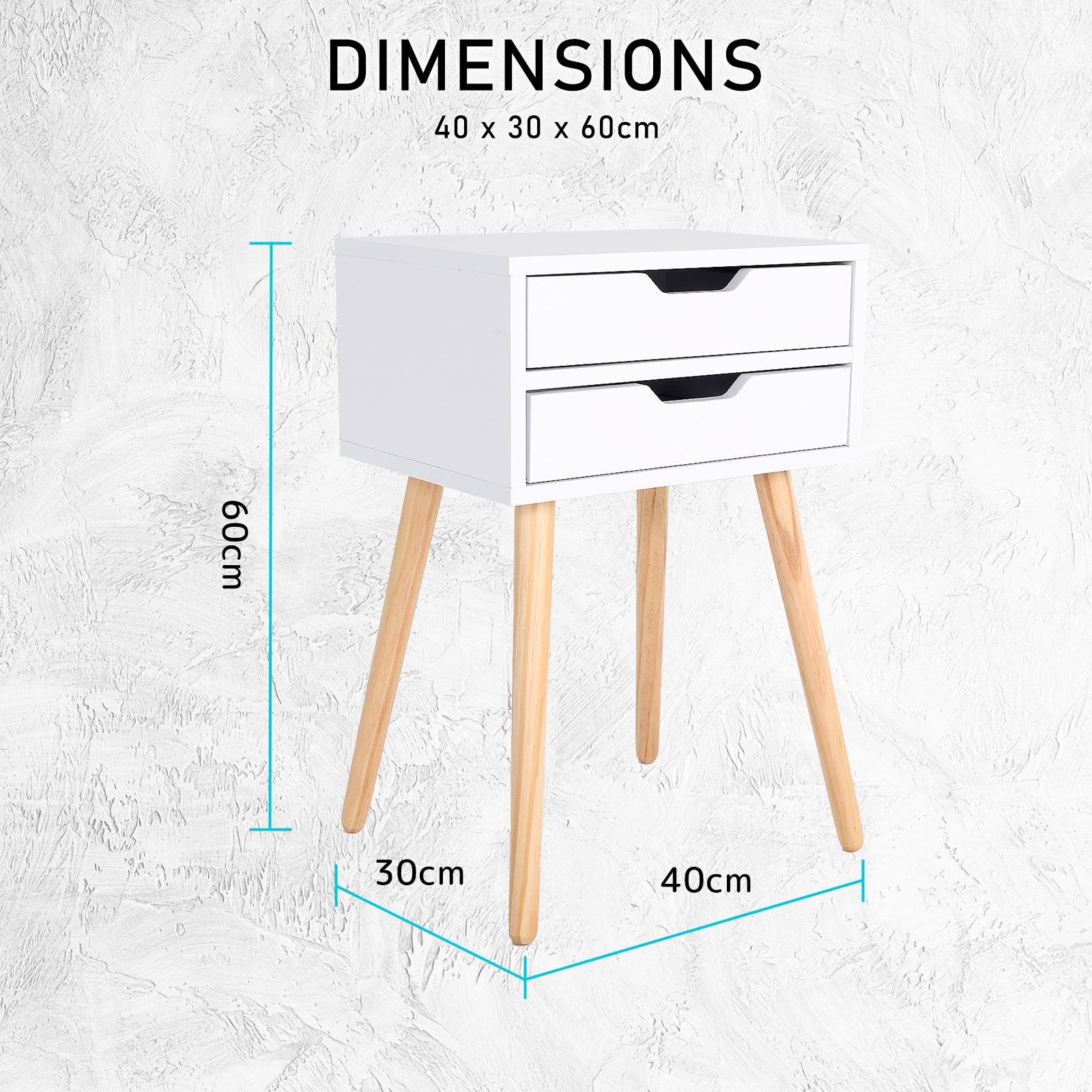 Bedside Table 2 Drawer Wood Leg Storage Cabinet Nightstand SUZY WHITE-Furniture > Bedroom > Bedside Tables-PEROZ Accessories