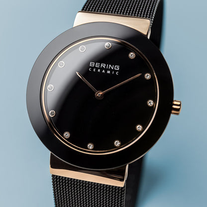 Bering Ceramic Polished Rose Gold Black Mesh Watch-PEROZ Accessories