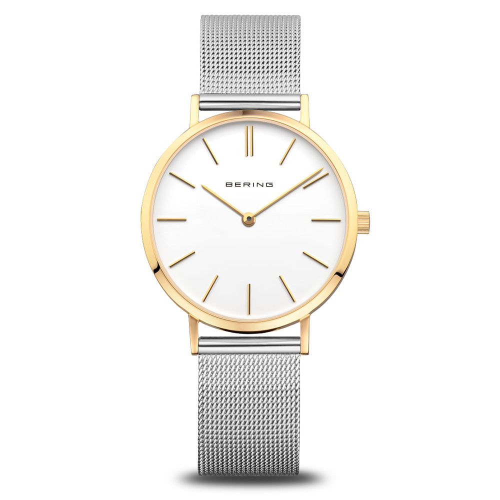 Bering Classic 34mm Polished Gold Case and Silver Strap Watch-PEROZ Accessories