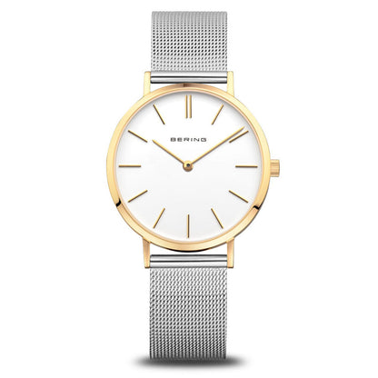 Bering Classic 34mm Polished Gold Case and Silver Strap Watch-PEROZ Accessories